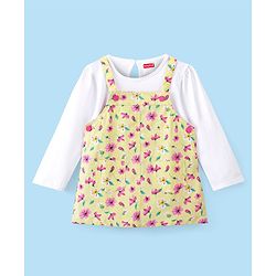 Babyhug 100% Cotton Frock With Full Sleeves Inner Tee Floral Print- Yellow Pink & White