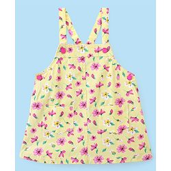 Babyhug 100% Cotton Frock With Full Sleeves Inner Tee Floral Print- Yellow Pink & White
