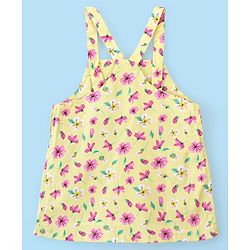 Babyhug 100% Cotton Frock With Full Sleeves Inner Tee Floral Print- Yellow Pink & White