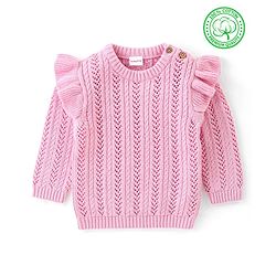 Babyhug Organic Cotton Full Frilled Sleeves Cable Knit Pullover - Light Pink