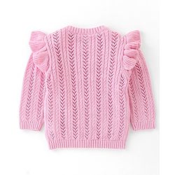 Babyhug Organic Cotton Full Frilled Sleeves Cable Knit Pullover - Light Pink