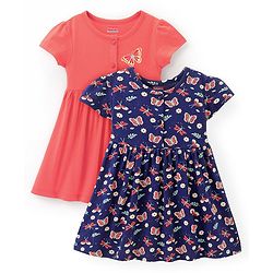Babyhug 100% Cotton Knit Half Sleeves Butterfly Print Dress Pack of 2 - Red & Blue