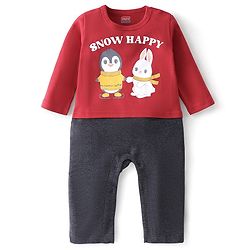 Babyhug Cotton Interlock Knit Full Sleeves Rompers Bunny Print - Red