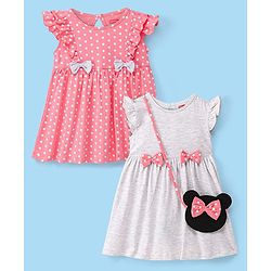 Babyhug Cotton Knit Half Sleeves Frocks Polka Dots Printed with Bow Applique Pack of 2 with Bag - Pink & Grey