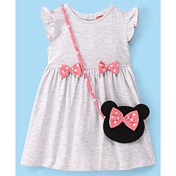 Babyhug Cotton Knit Half Sleeves Frocks Polka Dots Printed with Bow Applique Pack of 2 with Bag - Pink & Grey