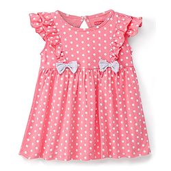 Babyhug Cotton Knit Half Sleeves Frocks Polka Dots Printed with Bow Applique Pack of 2 with Bag - Pink & Grey