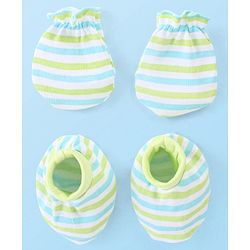 Babyhug 100% Cotton Knit Stripes Mittens and Booties   - Green