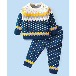 Babyhug Knitted Full Sleeves Wave Design Sweater Set -Navy Blue & Yellow