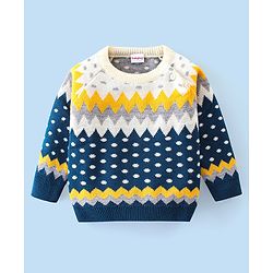 Babyhug Knitted Full Sleeves Wave Design Sweater Set -Navy Blue & Yellow