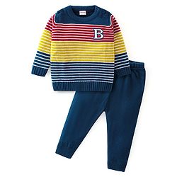 Babyhug Knitted Full Sleeves Sweater Set Striped Design - Navy Blue