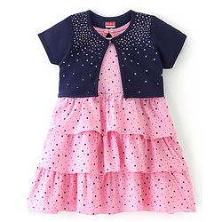 Babyhug 100% Cotton Knit Half Sleeves Shrug & Frock With Star Print - Pink & Blue