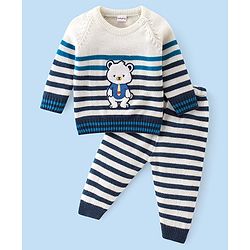 Babyhug Knit Full Sleeves Striped Baby Sweater Set with Bear Design - Multicolor
