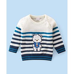 Babyhug Knit Full Sleeves Striped Baby Sweater Set with Bear Design - Multicolor