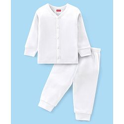 Babyhug Full Sleeves Solid Thermal Vest & Pant Set - Off White