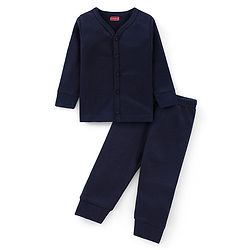 Babyhug Full Sleeves Solid Thermal Vest & Pant Set - Navy Blue