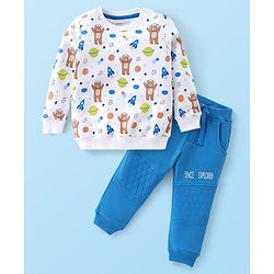 Babyhug Full Sleeves T-Shirt and Pants Set Bear Print - White & Blue