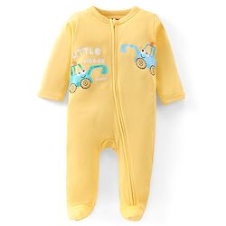 Babyhug Cotton Interlock Full Sleeves Footed Sleepsuit Crane Print - Yellow