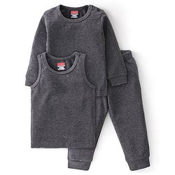 Babyhug Full Sleeves Solid Thermal Vest Sando & Pajama Set - Dark Grey