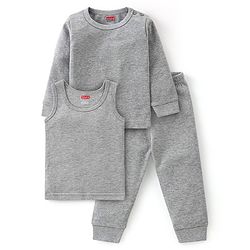 Babyhug Cotton Full Sleeves Solid Color Vest Pullover & Bottom Thermal Wear Combo Pack Of 3 - Light Grey
