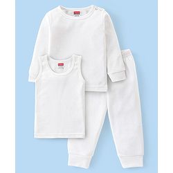 Babyhug Cotton Full Sleeves Solid Color Vest Pullover & Bottom Thermal Wear Combo Pack Of 3 - Off White