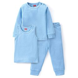 Babyhug Cotton Full Sleeves Solid Color Vest Pullover & Bottom Thermal Wear Combo Pack Of 3 - Blue