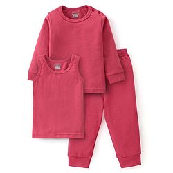 Babyhug Cotton Full Sleeves Pullover Vest & Pant Solid Color Thermal Wear  - Coral
