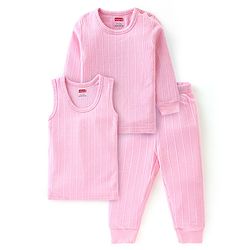 Babyhug Cotton Full Sleeves Solid Color Vest Pullover & Bottom Thermal Wear Combo Pack Of 3 -Pink