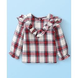 Babyhug 100% Cotton Woven Lurex Full Sleeves Checks with Frill Detailing Top - Offwhite & Red