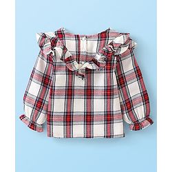 Babyhug 100% Cotton Woven Lurex Full Sleeves Checks with Frill Detailing Top - Offwhite & Red