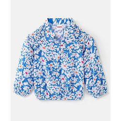 Babyhug Rayon Woven Full Sleeves Gathered Top With Floral Print - White & Blue