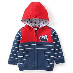 Babyhug 100% Cotton Knit Full Sleeves Sweatjacket With Zipper & Hood Striped - Navy Blue & Orange