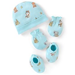 Babyhug 100% Cotton Interlock Castle Print Cap Mittens And Booties  Blue - Diameter 11cm