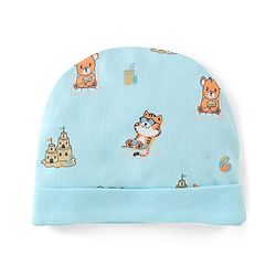 Babyhug 100% Cotton Interlock Castle Print Cap Mittens And Booties  Blue - Diameter 11cm