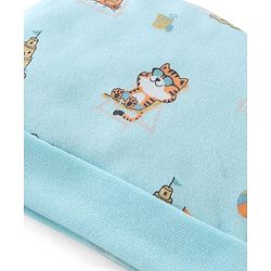 Babyhug 100% Cotton Interlock Castle Print Cap Mittens And Booties  Blue - Diameter 11cm