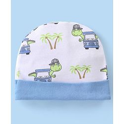 Babyhug 100% Cotton Knit Dino Printed Cap White - Diameter 11 cm