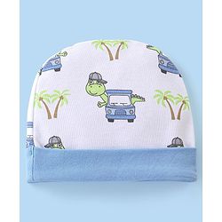 Babyhug 100% Cotton Knit Dino Printed Cap White - Diameter 11 cm