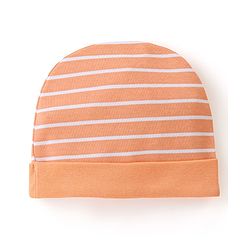 Babyhug 100% Cotton Knit Striped Cap White & Orange - Diameter 10.5 cm