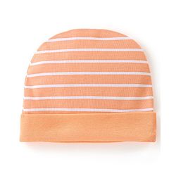 Babyhug 100% Cotton Knit Striped Cap White & Orange - Diameter 10.5 cm