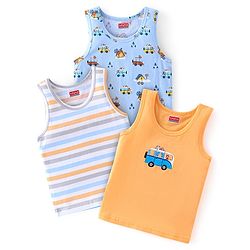 Babyhug 100 % Cotton Sleeveless Striped Camping Printed Sando Pack of 3  - Blue & Yellow