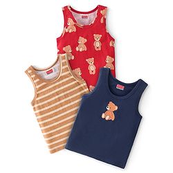 Babyhug 100% Cotton Single Jersey Knit Sando Stripes & Teddy Print Pack of 3 - Brown Navy Blue & Red