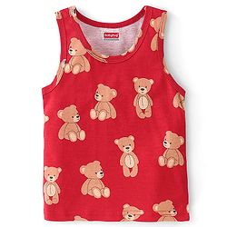 Babyhug 100% Cotton Single Jersey Knit Sando Stripes & Teddy Print Pack of 3 - Brown Navy Blue & Red