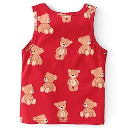 Babyhug 100% Cotton Single Jersey Knit Sando Stripes & Teddy Print Pack of 3 - Brown Navy Blue & Red