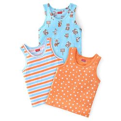 Babyhug 100% Cotton Single Jersey Knit Sleeveless Vests Stripes & Star Print Pack of 3 - Blue & Orange