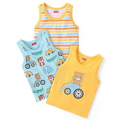 Babyhug 100% Cotton Sleeveless Sando Vests Stripes & Bear Print Pack of 3- Blue & Yellow