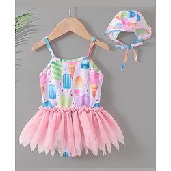 Babyhug Sleeveless Frock Swimsuit Ice Cream Print - Pink