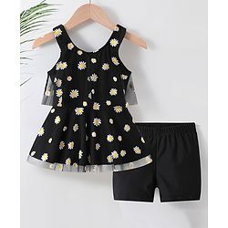 Babyhug Sleeveless Frock Swimsuit with Shorts Floral Print - Black