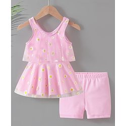 Babyhug Sleeveless Frock Swimsuit with Shorts Floral Print - Pink