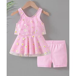 Babyhug Sleeveless Frock Swimsuit with Shorts Floral Print - Pink