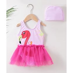 Babyhug Sleeveless Frock Swimsuit with Cap Flamingo Print - Pink