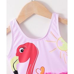 Babyhug Sleeveless Frock Swimsuit with Cap Flamingo Print - Pink
